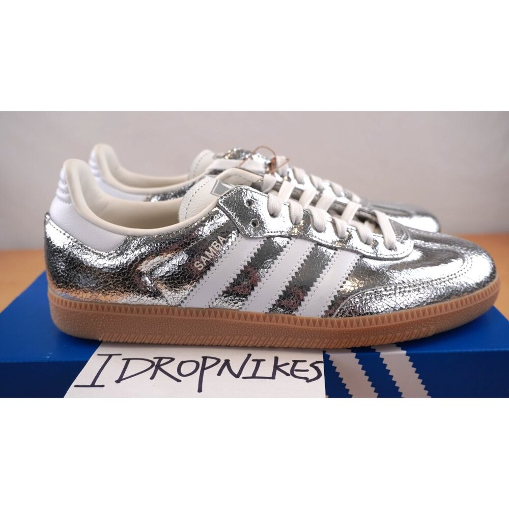 Adidas Samba OG Silver Metallic Cracked Leather Women's Shoes - Picture 8 of 11